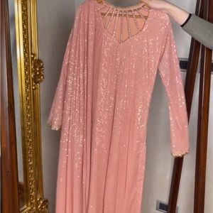 Pakistani/Indian Pink Long Sleeve Sequin Shirt with attached draped dupatta